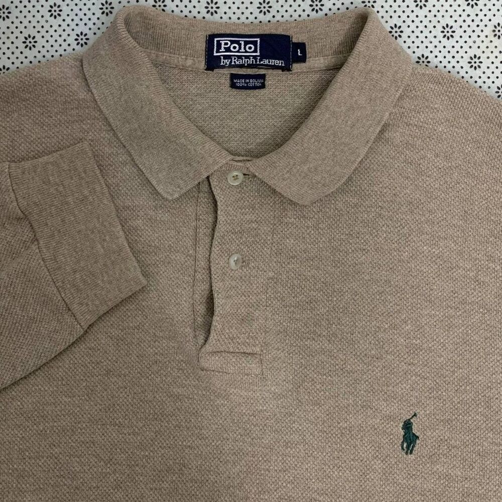 Polo Ralph Lauren Long Sleeve Pique VTG Polo Shirt Mens L Tan Cotton Bolivia